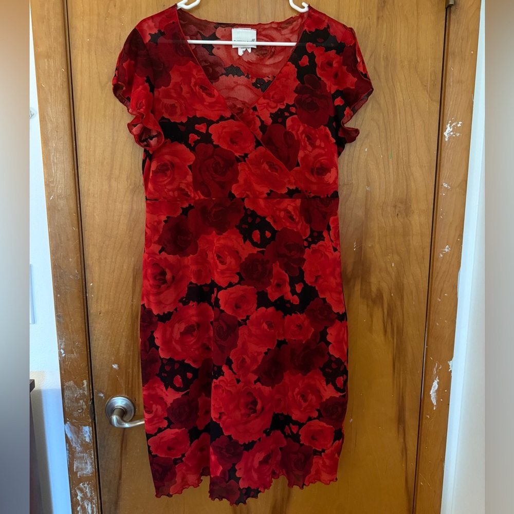 Fashion Bug Sheer Red Floral Midi Dress